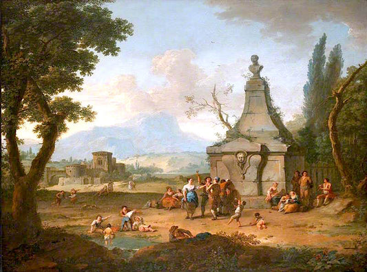 Landscape with Figures by  a Classical Monument, vintage artwork by Franz de Paula Ferg, 12x8" (A4) Poster