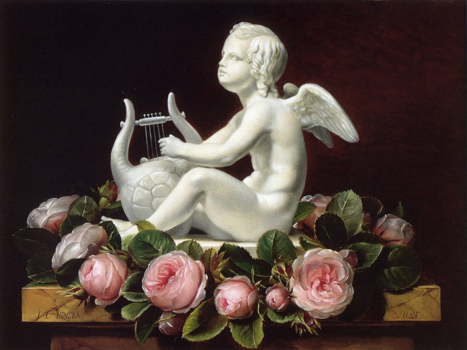 Garland of Pink Roses around 'Cupid Playing a Lyre' on a Brown Marble Ledge, vintage artwork by Johan Laurentz (J.L.) Jensen, A3 (16x12") Poster Print