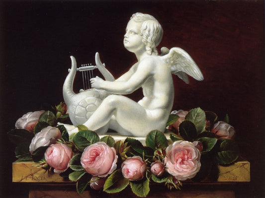 Garland of Pink Roses around 'Cupid Playing a Lyre' on a Brown Marble Ledge, vintage artwork by Johan Laurentz (J.L.) Jensen, A3 (16x12") Poster Print