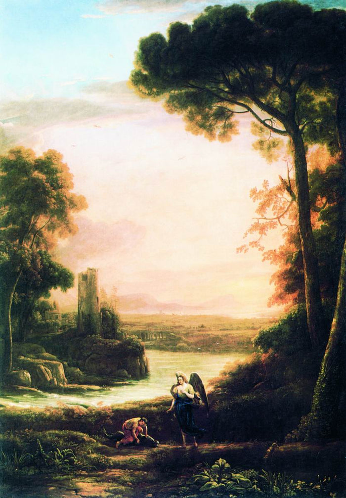 Landscape with Tobias and the Archangel Raphael, vintage artwork by Claude Lorrain, 12x8