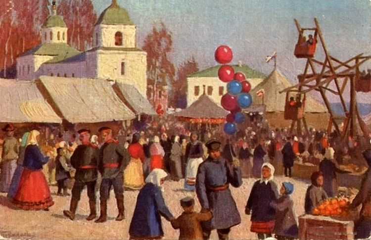 Easter Festivities, vintage artwork by Mikhail Germashev, 12x8" (A4) Poster
