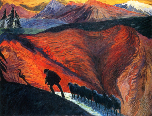 Man with Flock of Sheep, vintage artwork by Marianne von Werefkin, 12x8" (A4) Poster