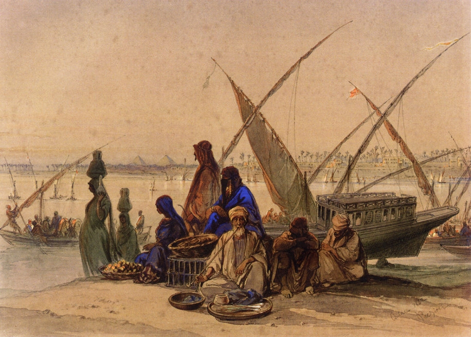 On the Banks of the Nile, Cairo, vintage artwork by Count Amadeo Preziosi, A3 (16x12") Poster Print