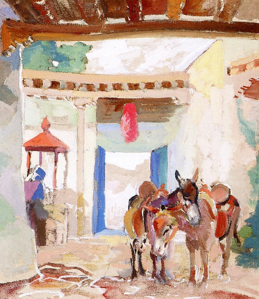 Burros in Courtyard, vintage artwork by Albert Henry Krehbiel, 12x8" (A4) Poster