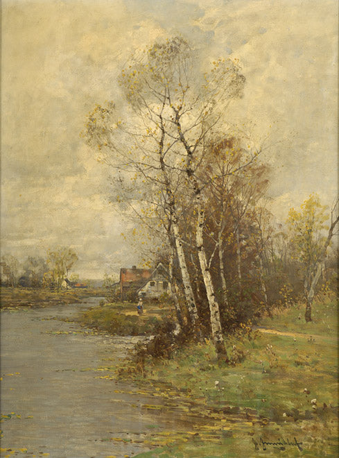 River Landscape with Village View by Johann Jungblut,A3(16x12")Poster