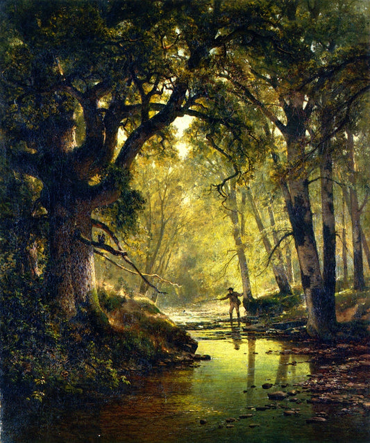Angler in a Forest Interior, vintage artwork by Thomas Hill, 12x8" (A4) Poster