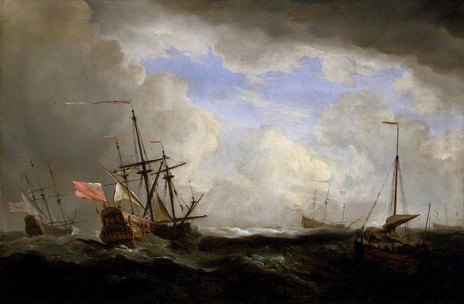 An English Ship and a Hoeker at Sea in a Gale with Other Ships, vintage artwork by Willem van de Velde the Younger, 12x8" (A4) Poster