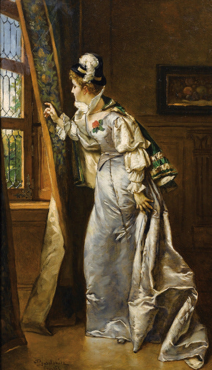 Elegant Lady at the Window, vintage artwork by Władysław Bakalowicz, 12x8" (A4) Poster