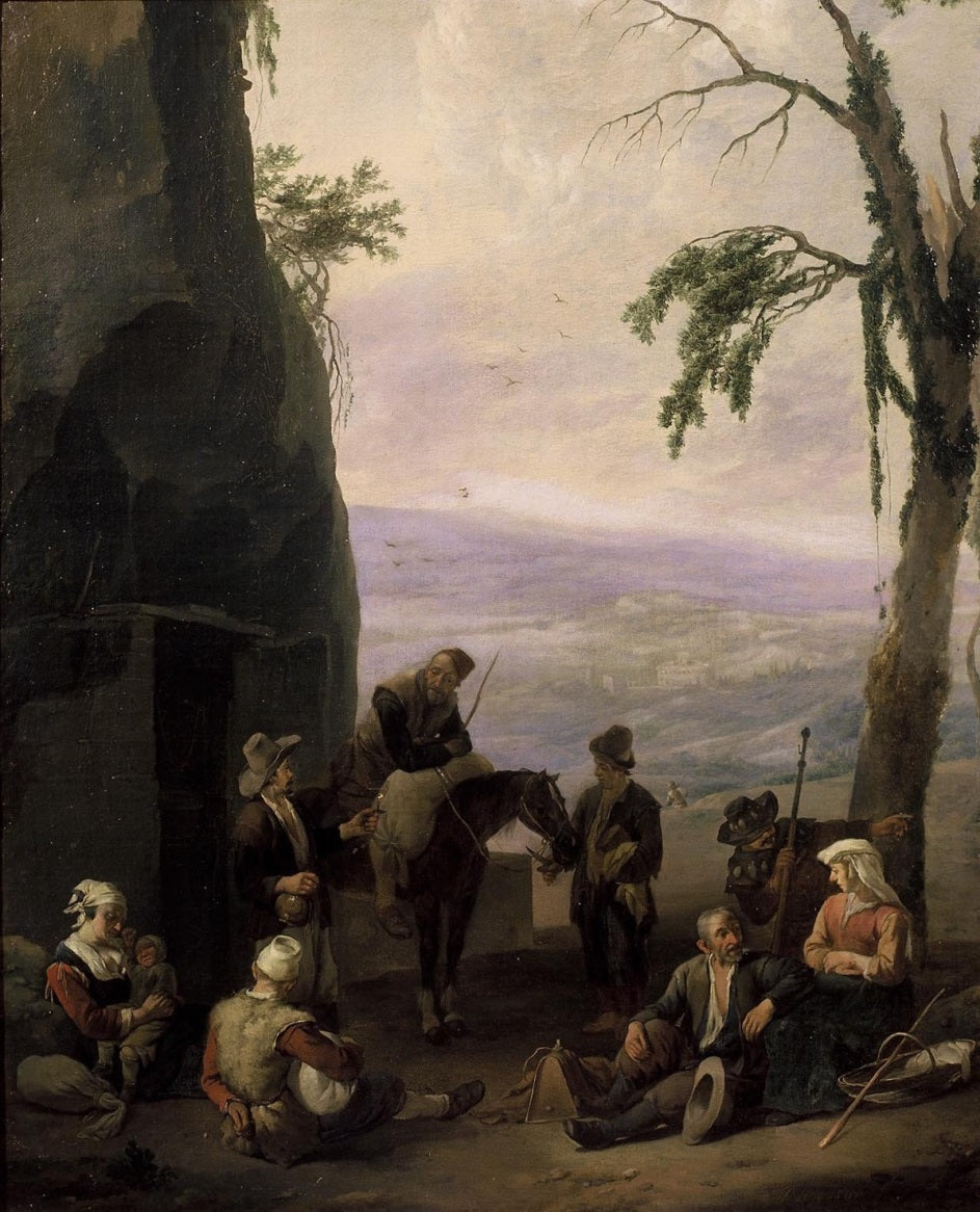 Italian Landscape with Resting Peasants, vintage artwork by Johannes Lingelbach, 12x8" (A4) Poster