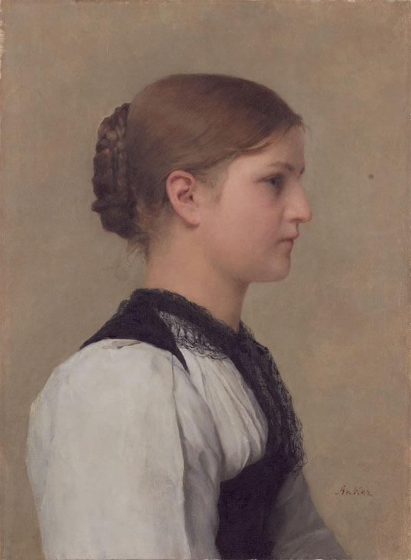 Half-length Portrait of a Girl in Traditional Berner Costume, vintage artwork by Albert Anker, 12x8" (A4) Poster