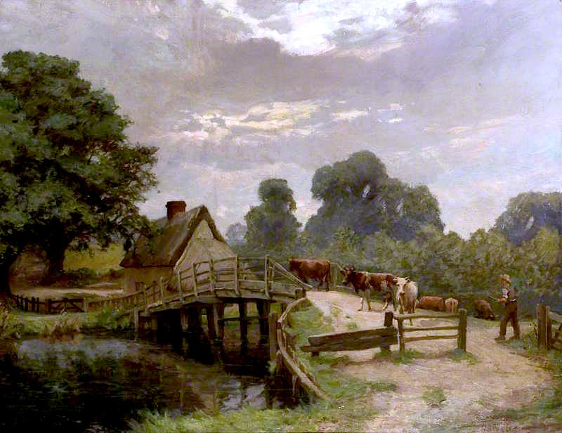 Flatford Bridge, Suffolk, vintage artwork by Harry Percy Hain Friswell, 12x8" (A4) Poster