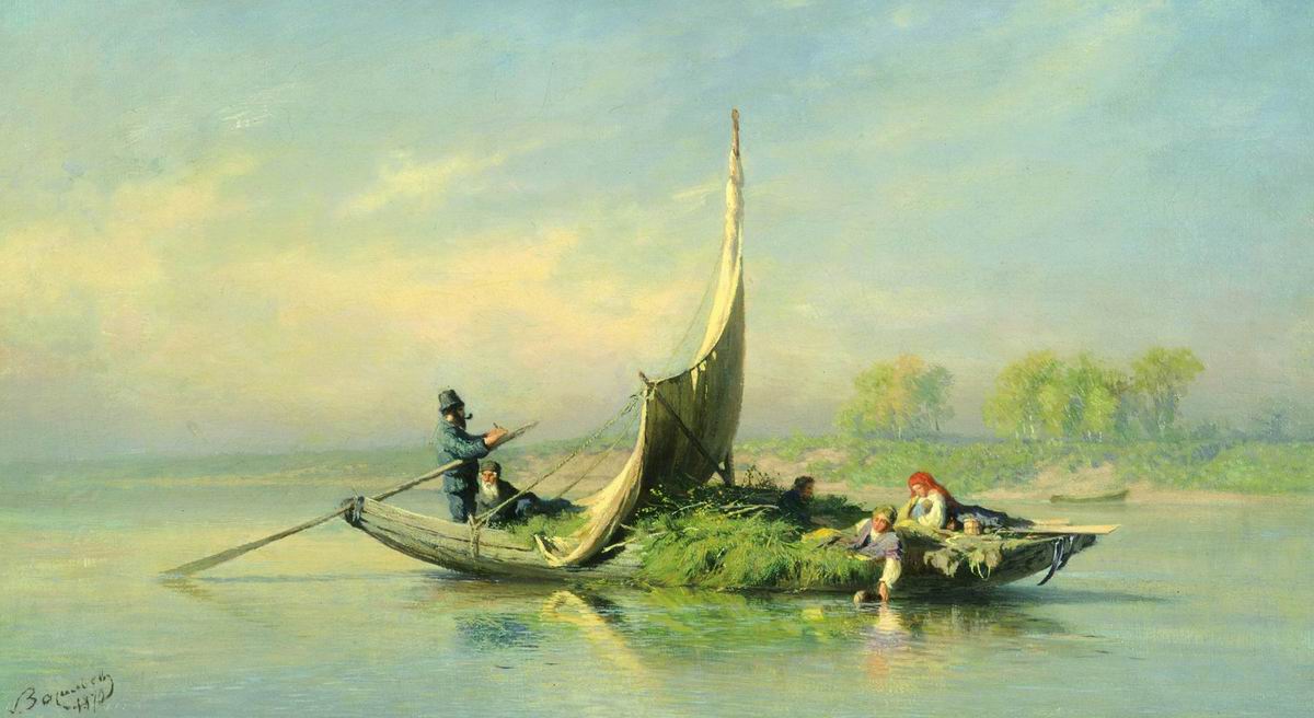 Peasant Family in a Boat, vintage artwork by Feodor Vasilyev, 12x8" (A4) Poster