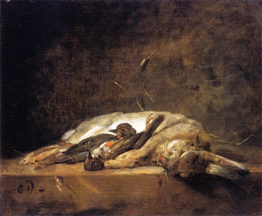 A Rabbit, Two Thrushes and Some Straw on a Stone Table, vintage artwork by Jean-Baptiste-Simeon Chardin, 12x8" (A4) Poster