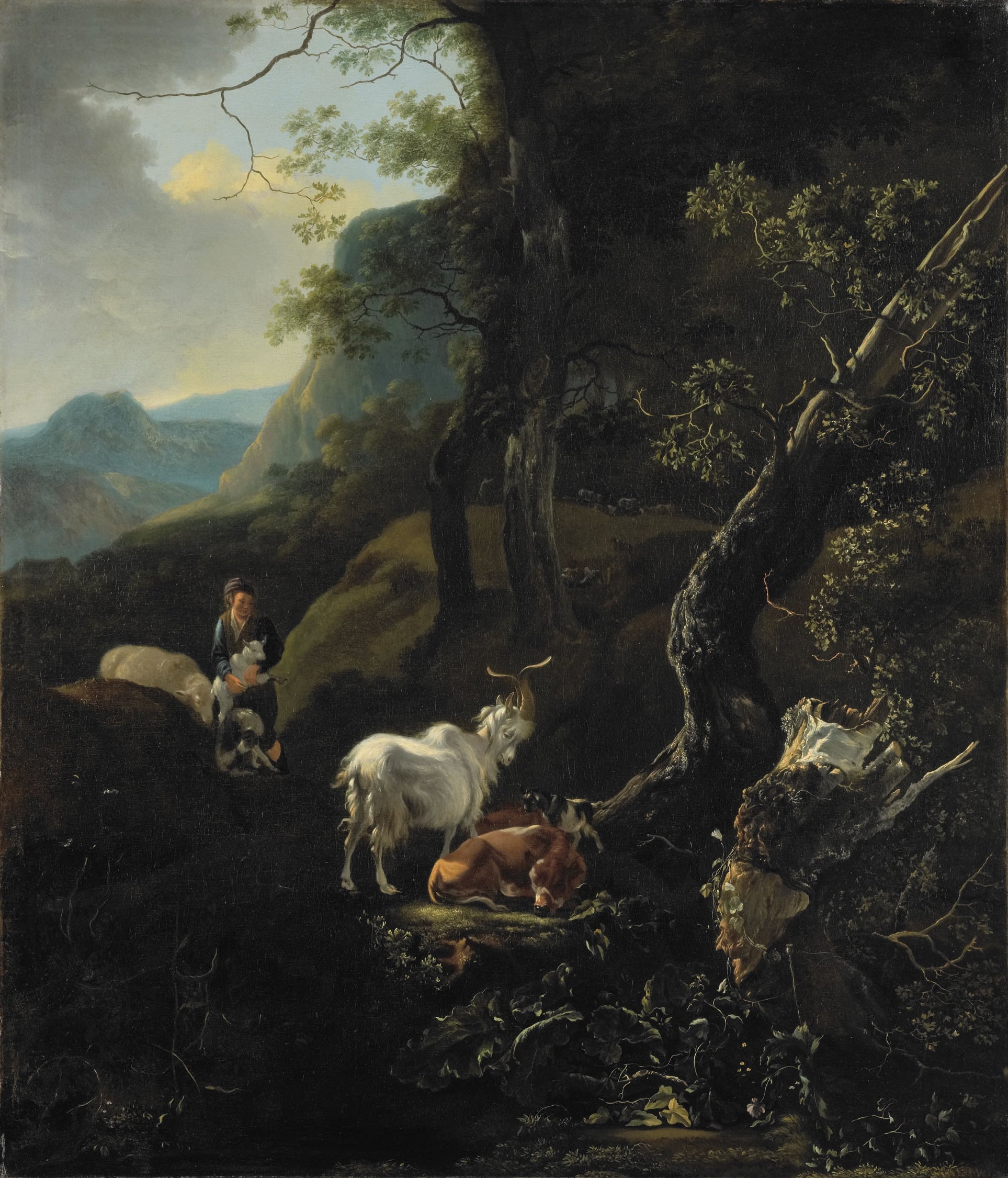 A Shepherdess with Animals in a Mountainous Landscape, vintage artwork by Adam Pynacker, 12x8" (A4) Poster