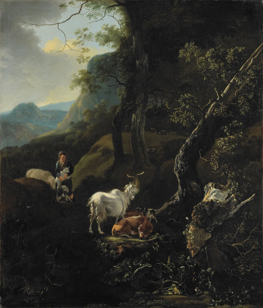 A Shepherdess with Animals in a Mountainous Landscape, vintage artwork by Adam Pynacker, 12x8" (A4) Poster