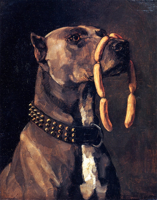 Dog with Sausages, vintage artwork by Wilhelm Trübner, 12x8" (A4) Poster