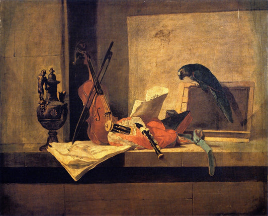 Musical Instruments and Parrot, vintage artwork by Jean-Baptiste-Simeon Chardin, 12x8" (A4) Poster