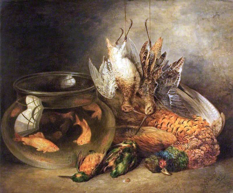 Still Life, Game and Hanging Snipe with Goldfish in a Bowl, vintage artwork by Benamin Blake, 12x8" (A4) Poster