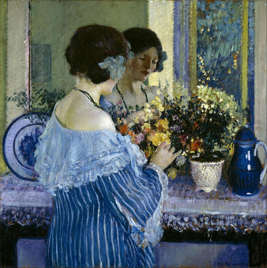 Girl in Blue arranging Flowers, vintage artwork by Frederick Carl Frieseke, 12x8" (A4) Poster