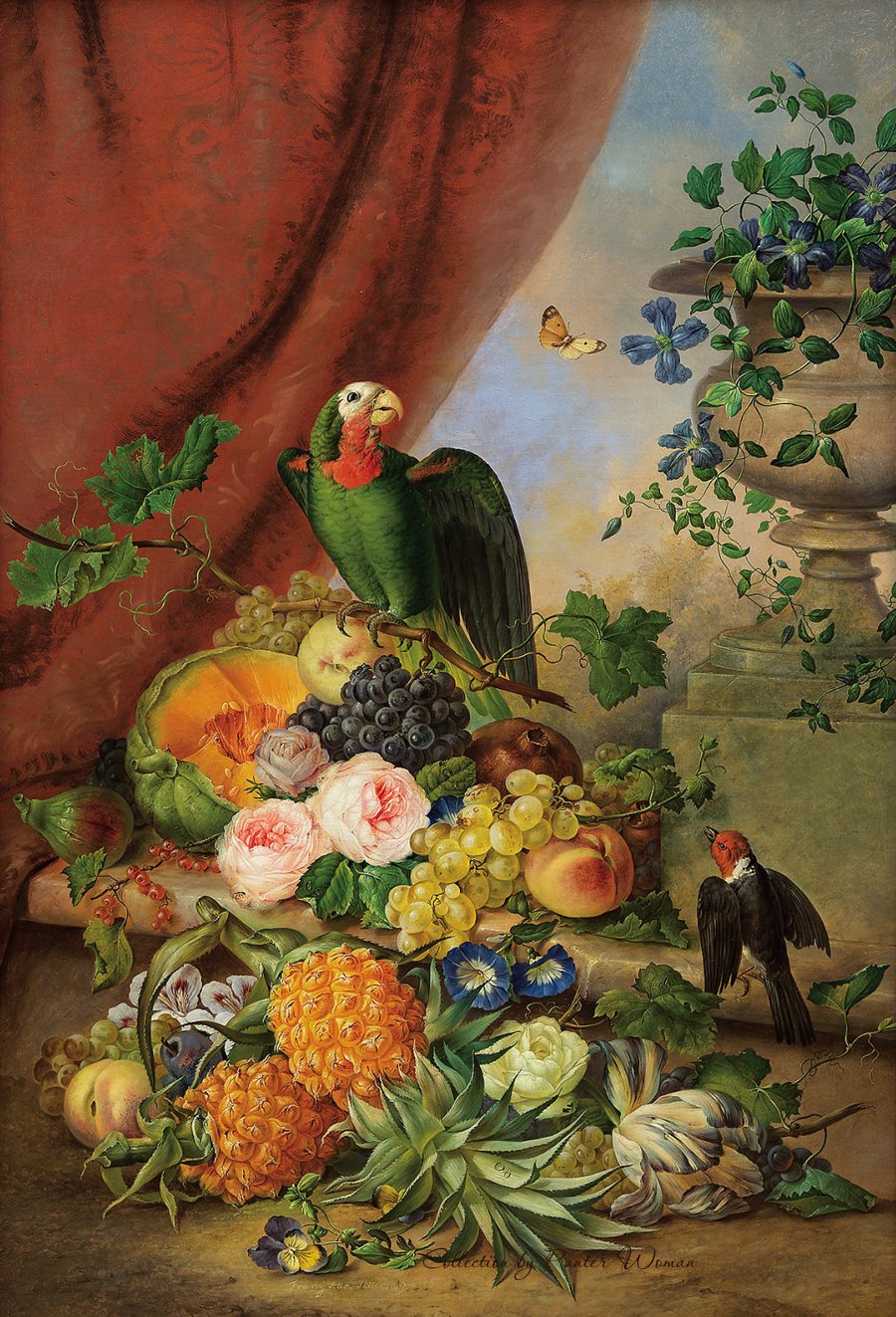 Still Life with Flowers, Fruit and Parrot, vintage artwork by Franz Xavier Petter, A3 (16x12") Poster Print