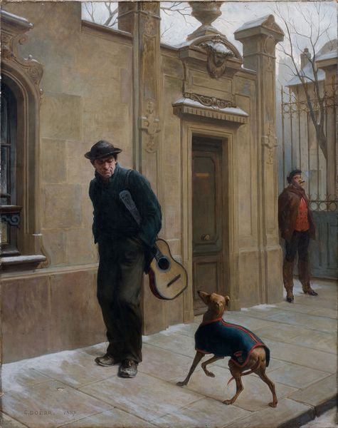 Un guitariste face à un chien, vintage artwork by Charles Augustin Victor Doerr, A3 (16x12") Poster Print