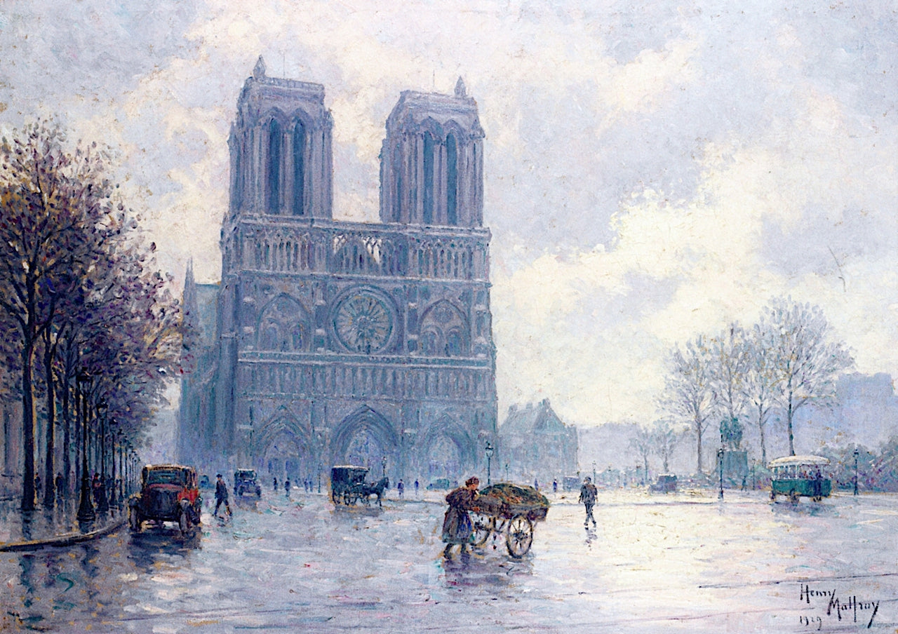 View of Notre Dame de Paris, vintage artwork by Henry Malfroy-Savigny, 12x8" (A4) Poster