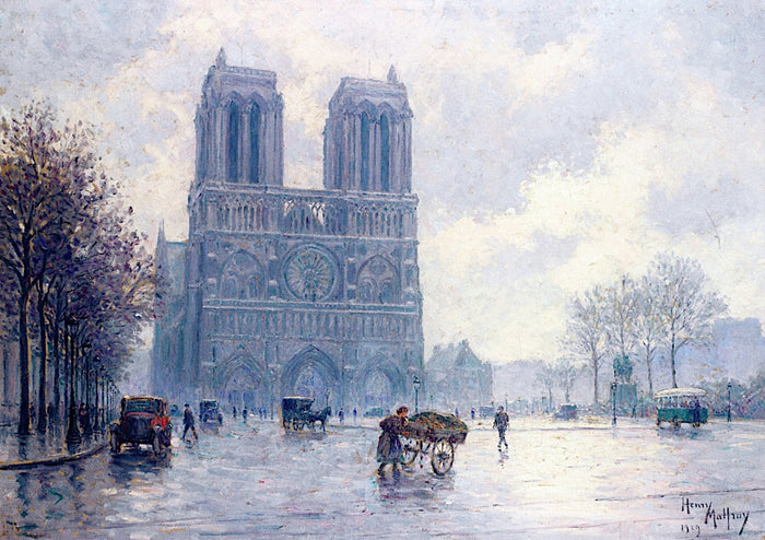 View of Notre Dame de Paris, vintage artwork by Henry Malfroy-Savigny, 12x8