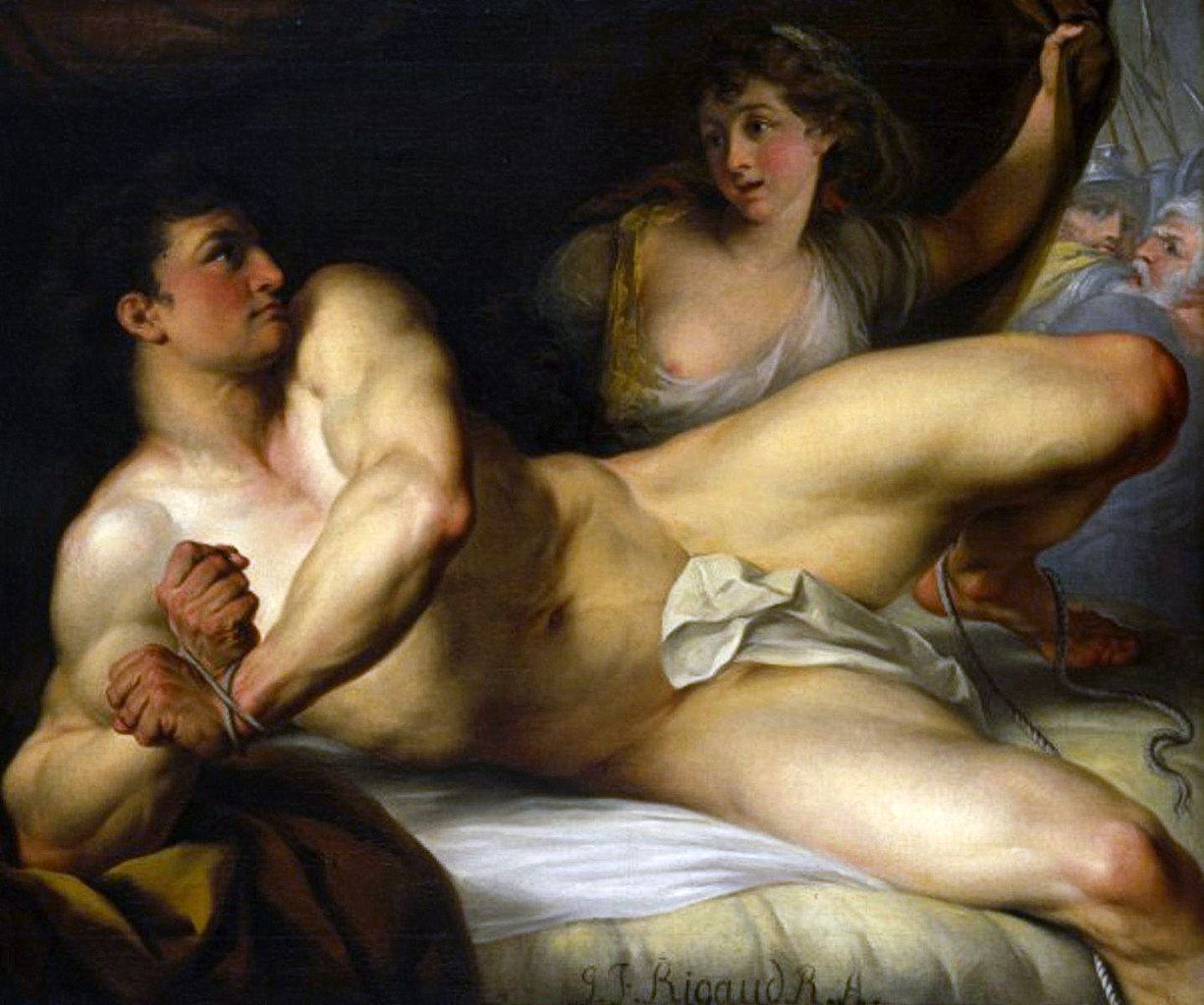 Samson breaking his bands or Samson and Delilah, vintage artwork by John Francis Rigaud, 12x8" (A4) Poster