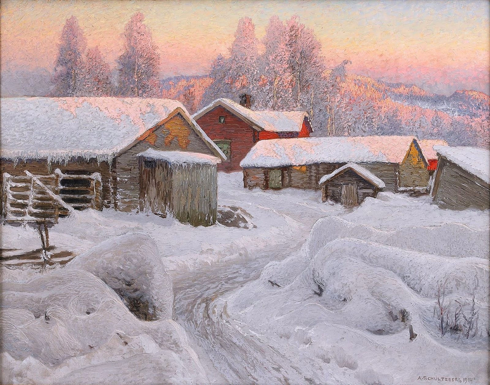 Winter Evening in the Village by Anshelm Schultzberg,A3(16x12")Poster