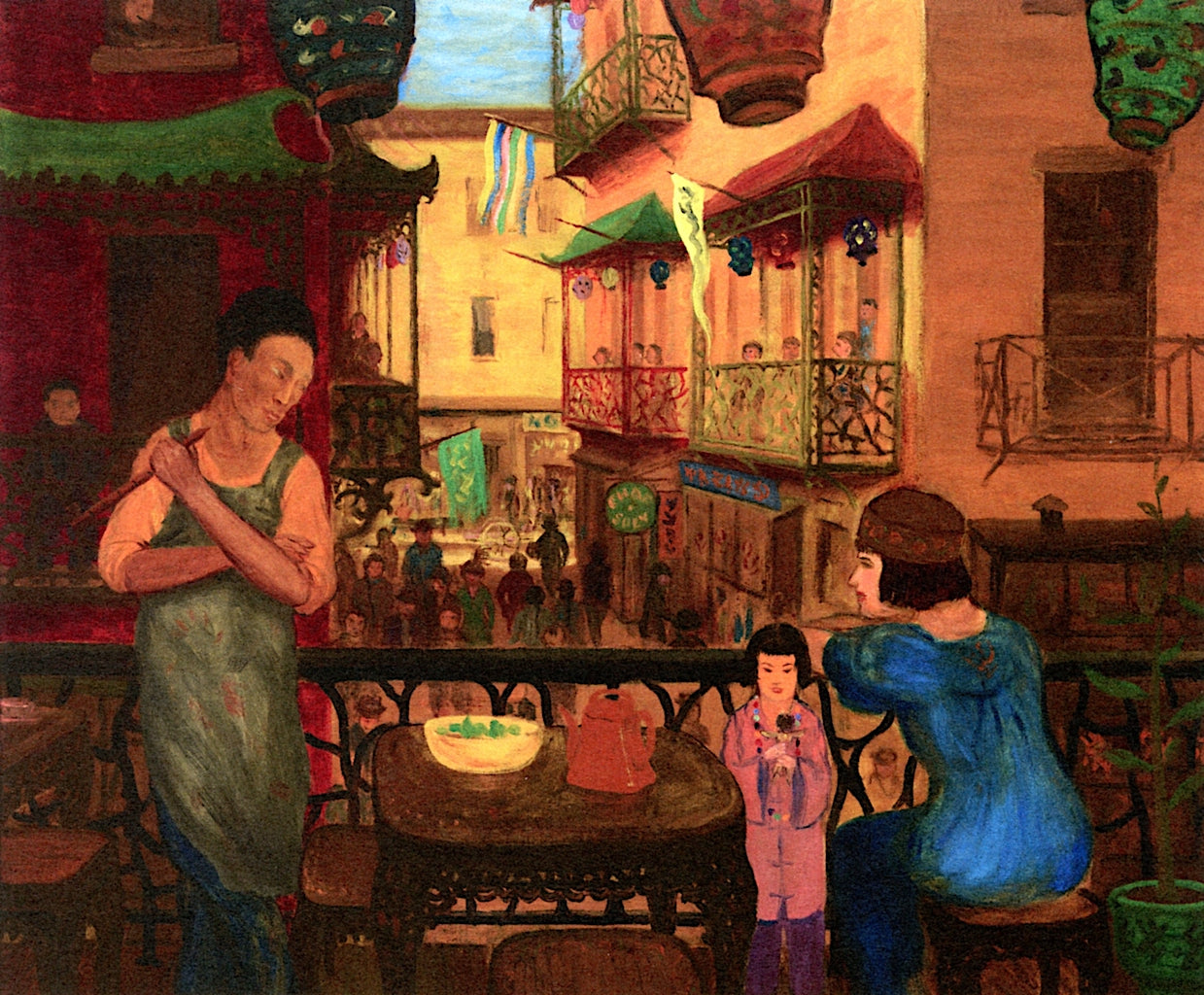 Chinatown Balcony, vintage artwork by Glenn O. Coleman, 12x8" (A4) Poster