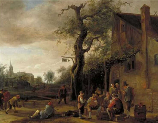 Cardplayers and Bowlers near an Inn, vintage artwork by Jan Havicksz. Steen, 12x8" (A4) Poster