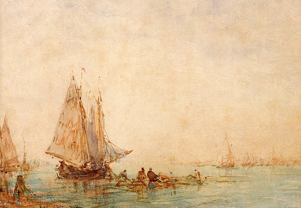 Fishermen Pulling in Their Net, vintage artwork by Felix-Francois-Georges-Philbert Ziem, 12x8" (A4) Poster