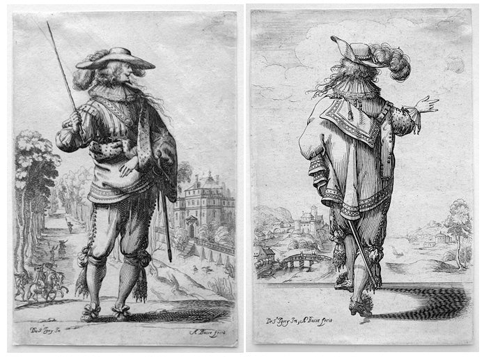NOBLEMAN HOLDING A CROP (left) and NOBLEMAN SEEN FROM THE BACK, vintage artwork by Abraham Bosse, 12x8" (A4) Poster
