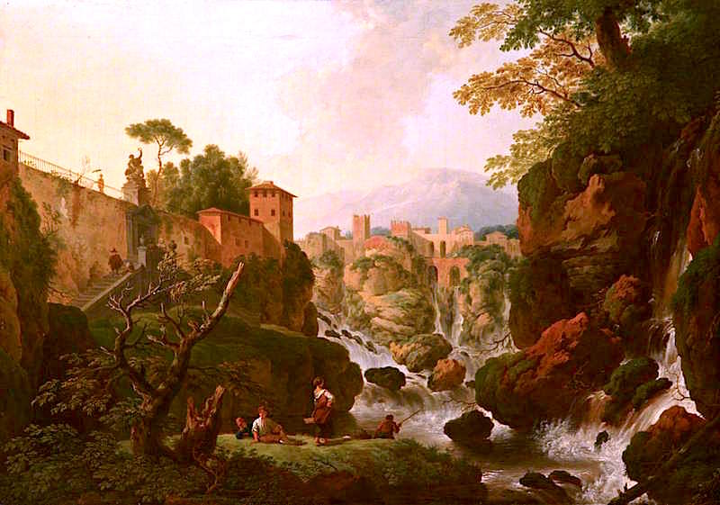 A Rocky Waterfall with City Walls, vintage artwork by Christian Wilhelm Ernst Dietrich, 12x8" (A4) Poster