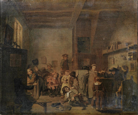 A schoolmaster and his pupils in an interior, vintage artwork by Jan Josef Horemans the Elder, 12x8" (A4) Poster