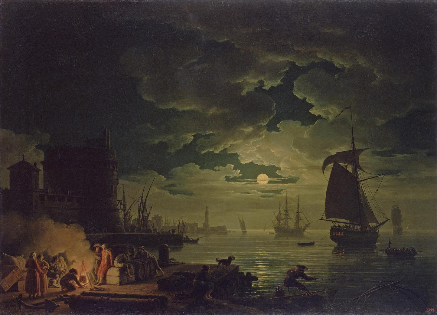 Entrance to the Port of Palermo in the Moonlight, vintage artwork by Claude-Joseph Vernet, 12x8" (A4) Poster