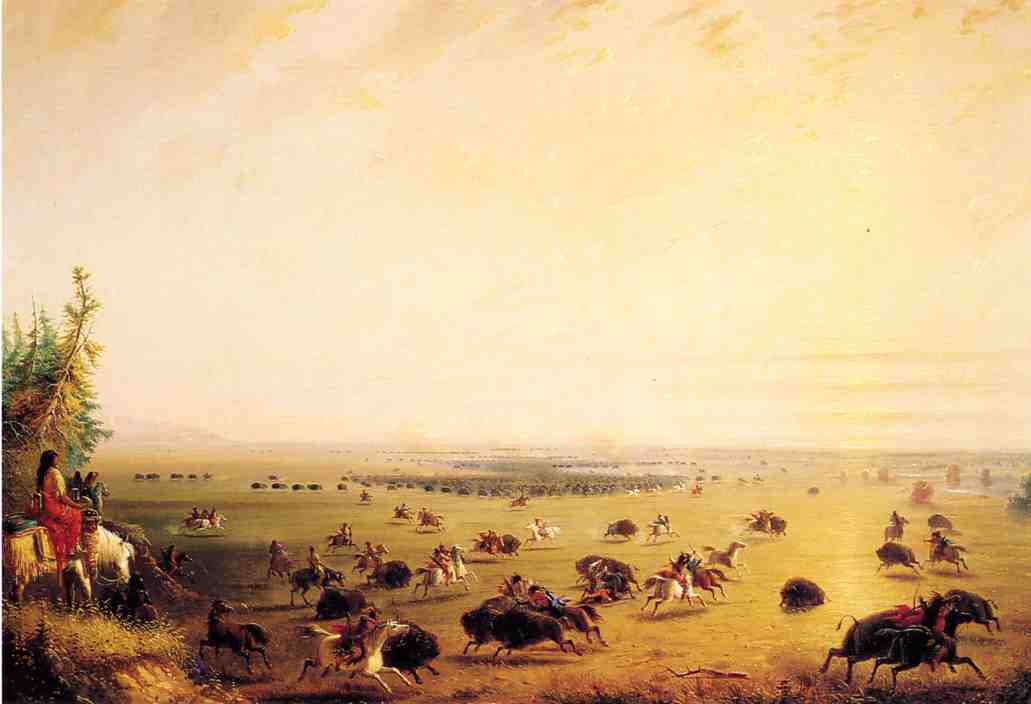 Surround of Buffalo by  Indians, vintage artwork by Alfred Jacob Miller, A3 (16x12") Poster Print