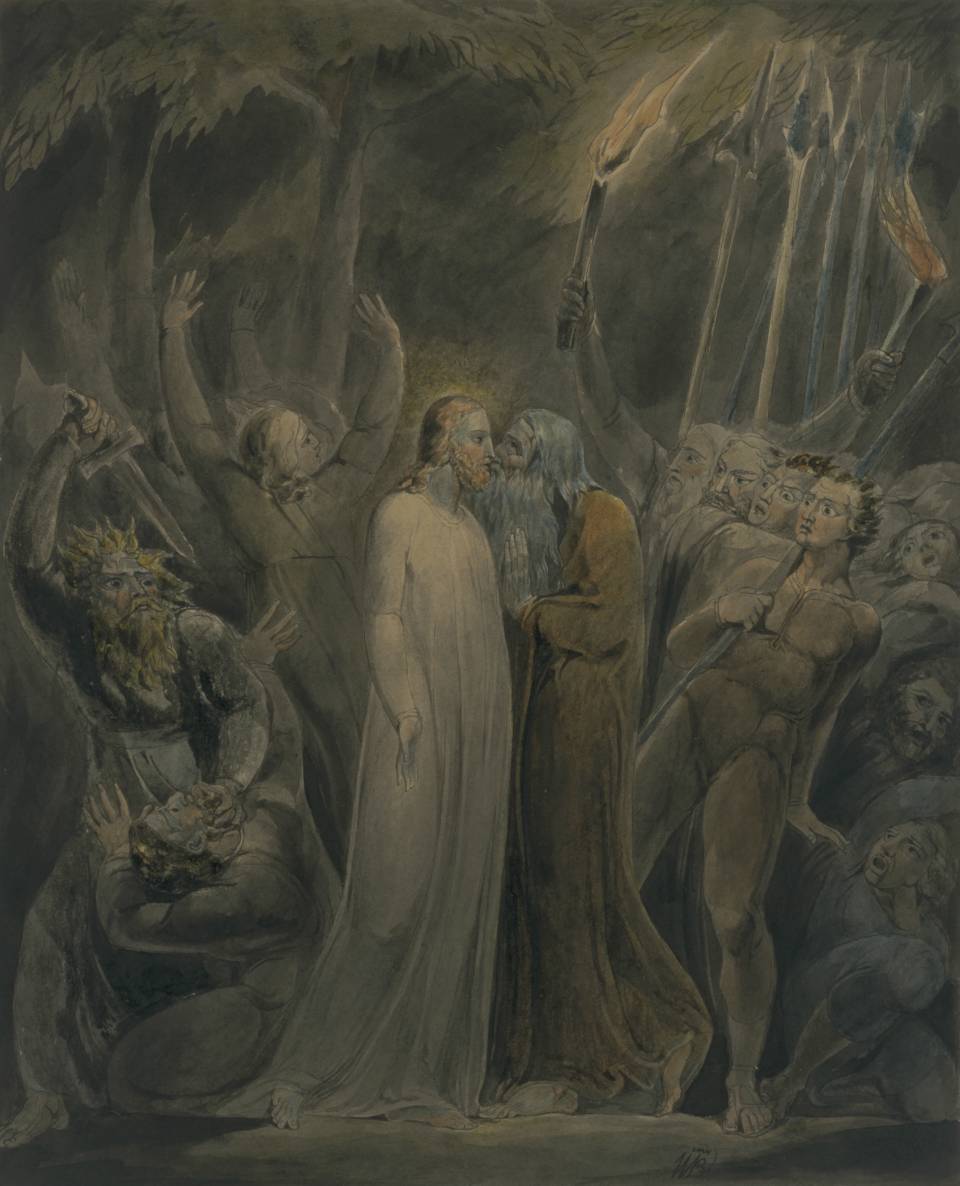 Judas Betrays Him, vintage artwork by William Blake, 12x8" (A4) Poster