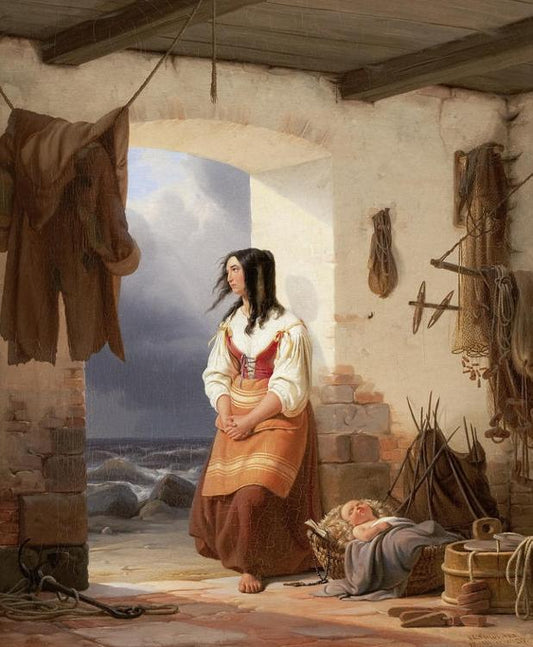 Awaiting the Fisherman's Return, vintage artwork by Niels Simonsen, A3 (16x12") Poster Print