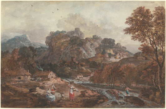 Mountainous Landscape with Washerwomen and a Fisherman, vintage artwork by Francesco Zuccarelli, 12x8" (A4) Poster