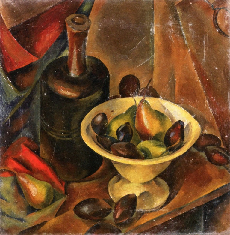 Still Life with Plums, Grapes, White Compote and Bottle, vintage artwork by Ignaz Epper, 12x8" (A4) Poster