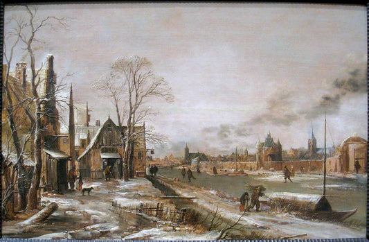 A Village Scene in Winter with a Frozen River, vintage artwork by Aert van der Neer, 12x8" (A4) Poster