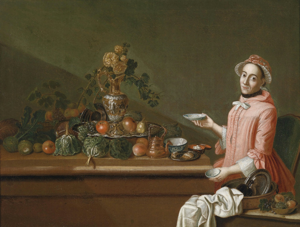 A lady at a table laden with food, vintage artwork by Peter Jacob Horemans, 12x8" (A4) Poster