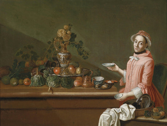 A lady at a table laden with food, vintage artwork by Peter Jacob Horemans, 12x8" (A4) Poster