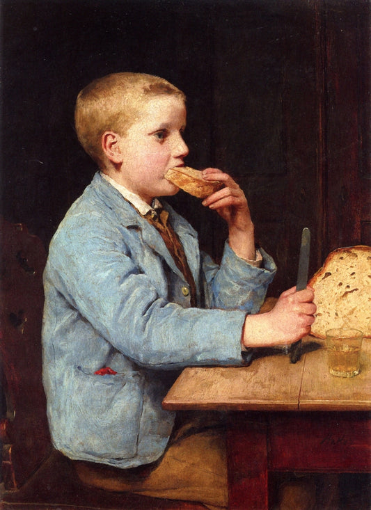 Boy with Mid-Morning Snack, vintage artwork by Albert Anker, 12x8" (A4) Poster