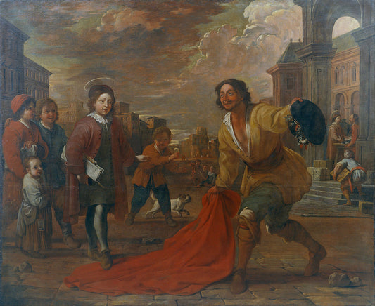 A Man Lays his Cloak at the Feet of Saint Francis as a Child, vintage artwork by Antoni Viladomat y Manalt, 12x8" (A4) Poster