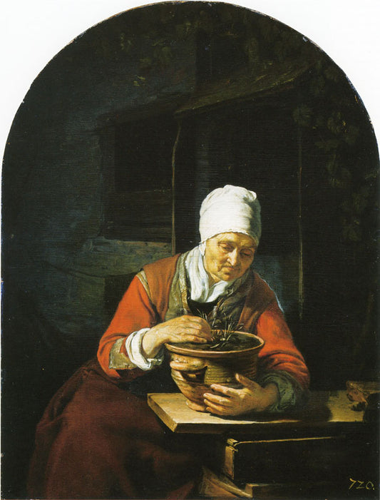 Old Woman Holding a Flower Pot, vintage artwork by Attributed to Frans van Mieris the Elder, 12x8" (A4) Poster