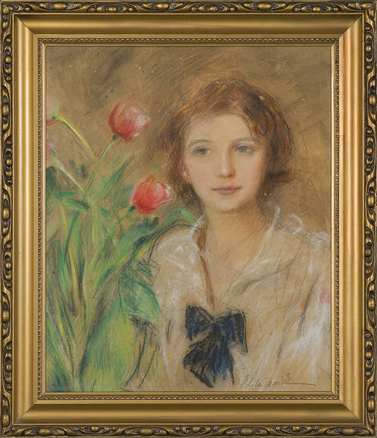 Girl with tulips, vintage artwork by Theodor Axentowicz, 12x8" (A4) Poster