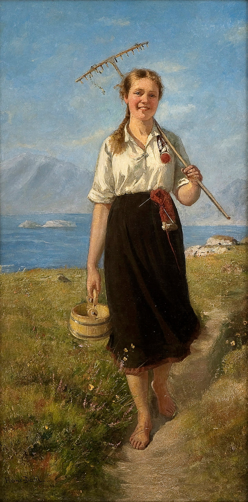 Girl with rake and wooden box, vintage artwork by Hans Dahl, 12x8" (A4) Poster