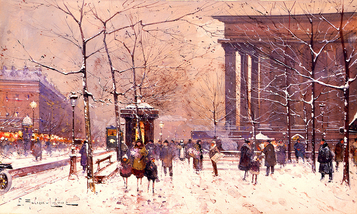 La Madeleine, sous la Neige, vintage artwork by Eugene Galien-Laloue, 12x8" (A4) Poster